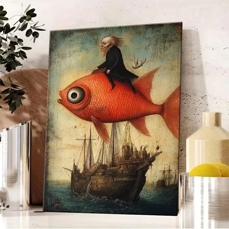 Poster und Drucke mit dem Motiv „Person auf einem großen Fisch“, Retro-Abstraktes Mädchen und Fisch, Leinwandbild, Wandkunst, Bild für die Dekoration von Wohnräumen. – Detail 6
