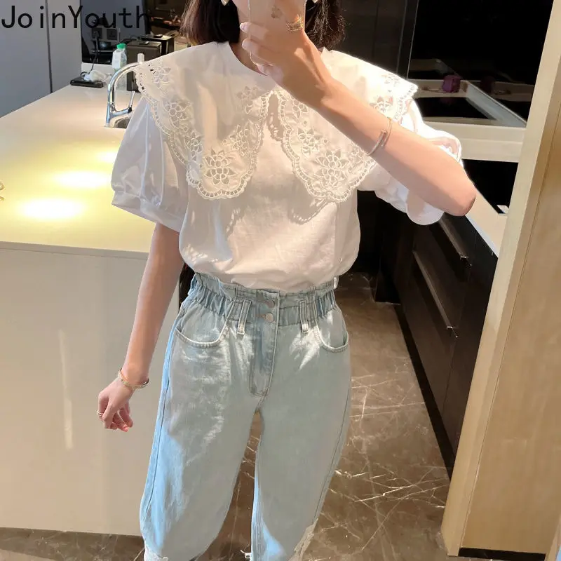 White Shirts for Women Chic Hollow Out Peter Pan Collar Sweet Tshirt Oversized Fashion Loose Tops Y2k Clothes Korean T Shirt