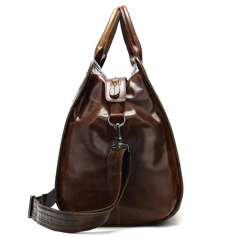 Men's Leather Duffel Bag Top Handle Handbag Large Capacity Men's Sports Gym Travel Bag Leather Travel Bag