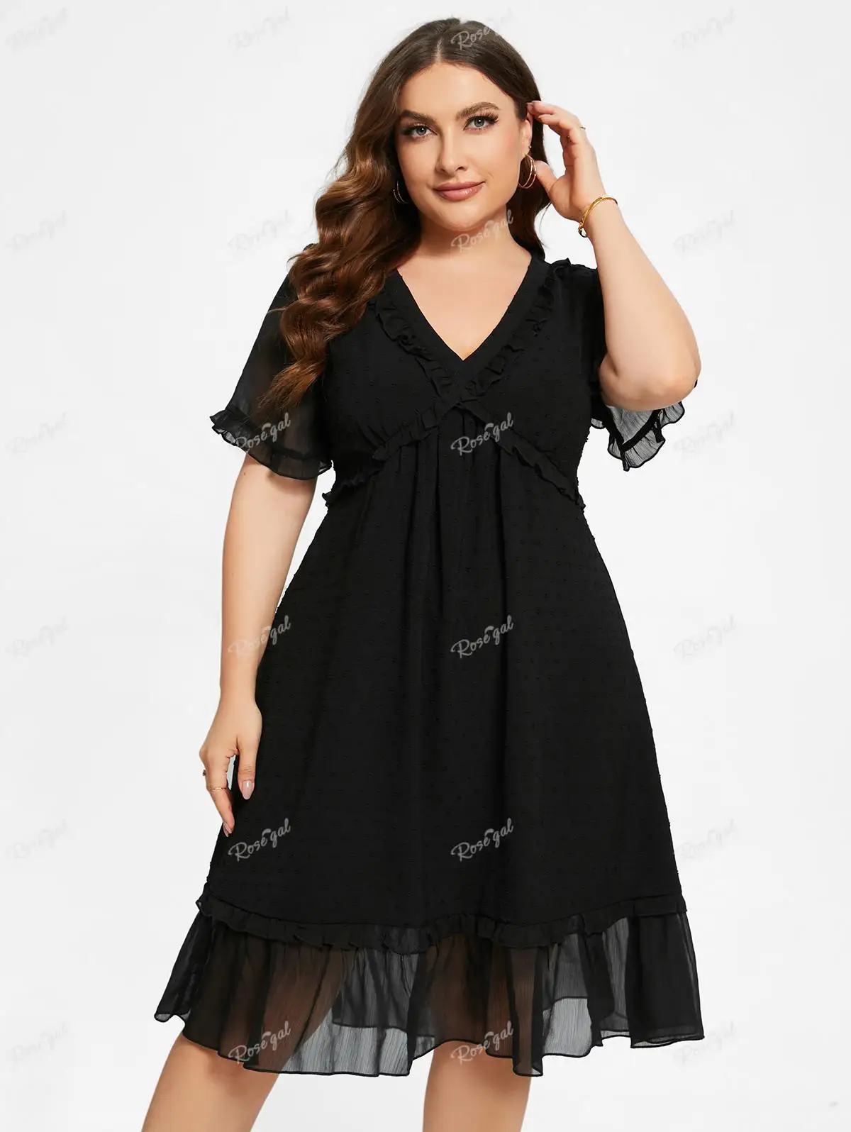 ROSEGAL Plus Size abiti Casual nero elegante scollo a v pizzo Trim Sheer Ruffles Dress per le donne primavera, estate Streetwear Vestidos