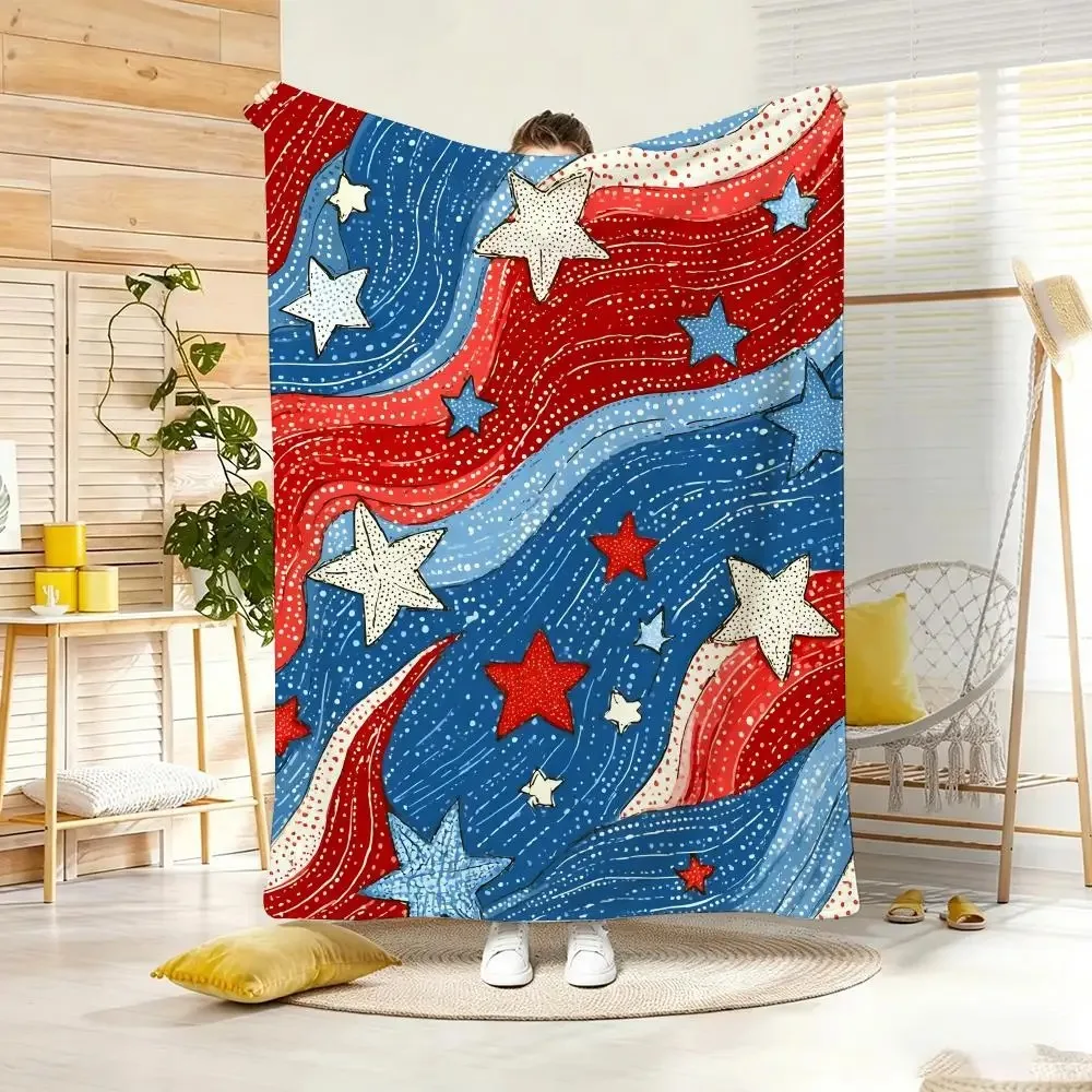 Impasto Red White Blue Star Art Throw Lightweight  Flannel Blanket Soft Skin-friendly for Summer Cooling