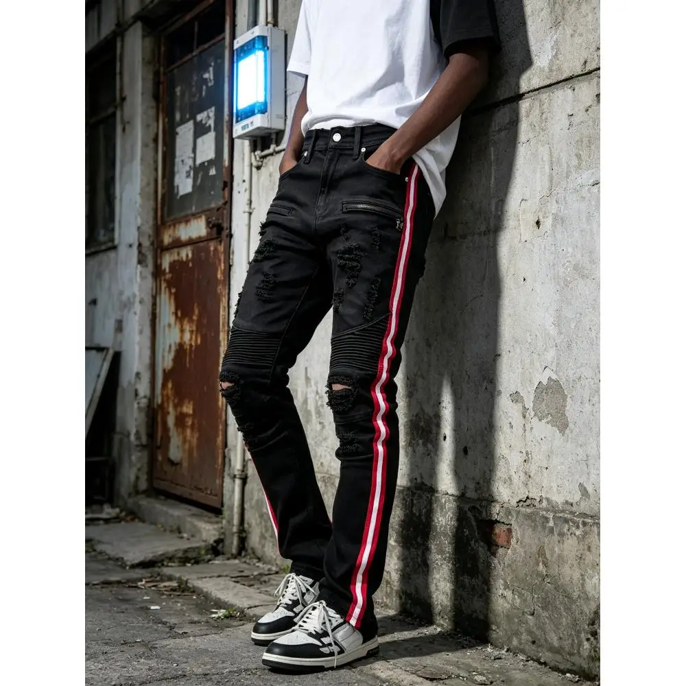 Men's Stretch Jeans, Trendy Street Style Jeans, Y2K Fashion Trend Jeans, Personalized Front Decorative Zipper Jeans