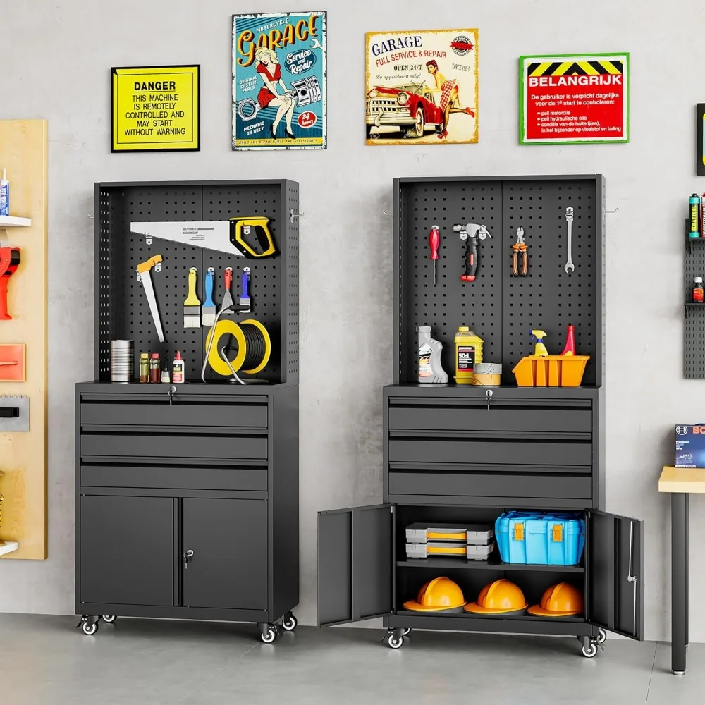 Gabinete de almacenamiento de metal con cerradura rodante con cajones para garaje, gabinete de herramientas resistente con ruedas, Sto de resistencia industrial negro