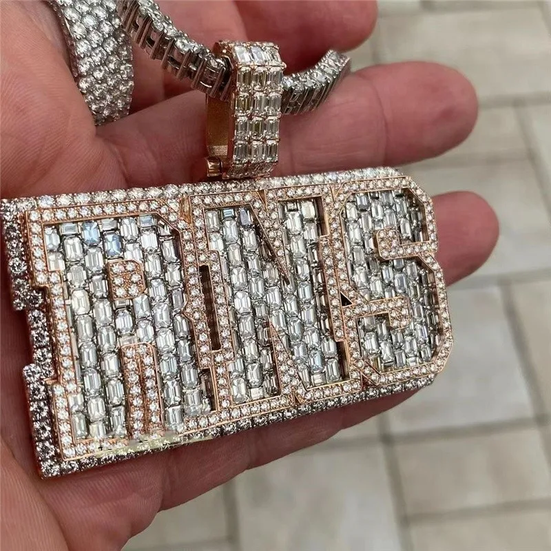 Custom Double Layered Hand Made Fully Iced Out Hiphop Baguette Vvs Moissanite Diamond Solid Silver Initial Letter Pendant Chain