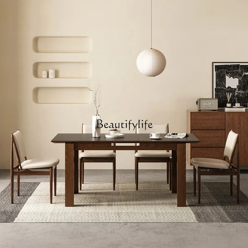 

Retro solid wood retractable wear-resistant rock slab dining table