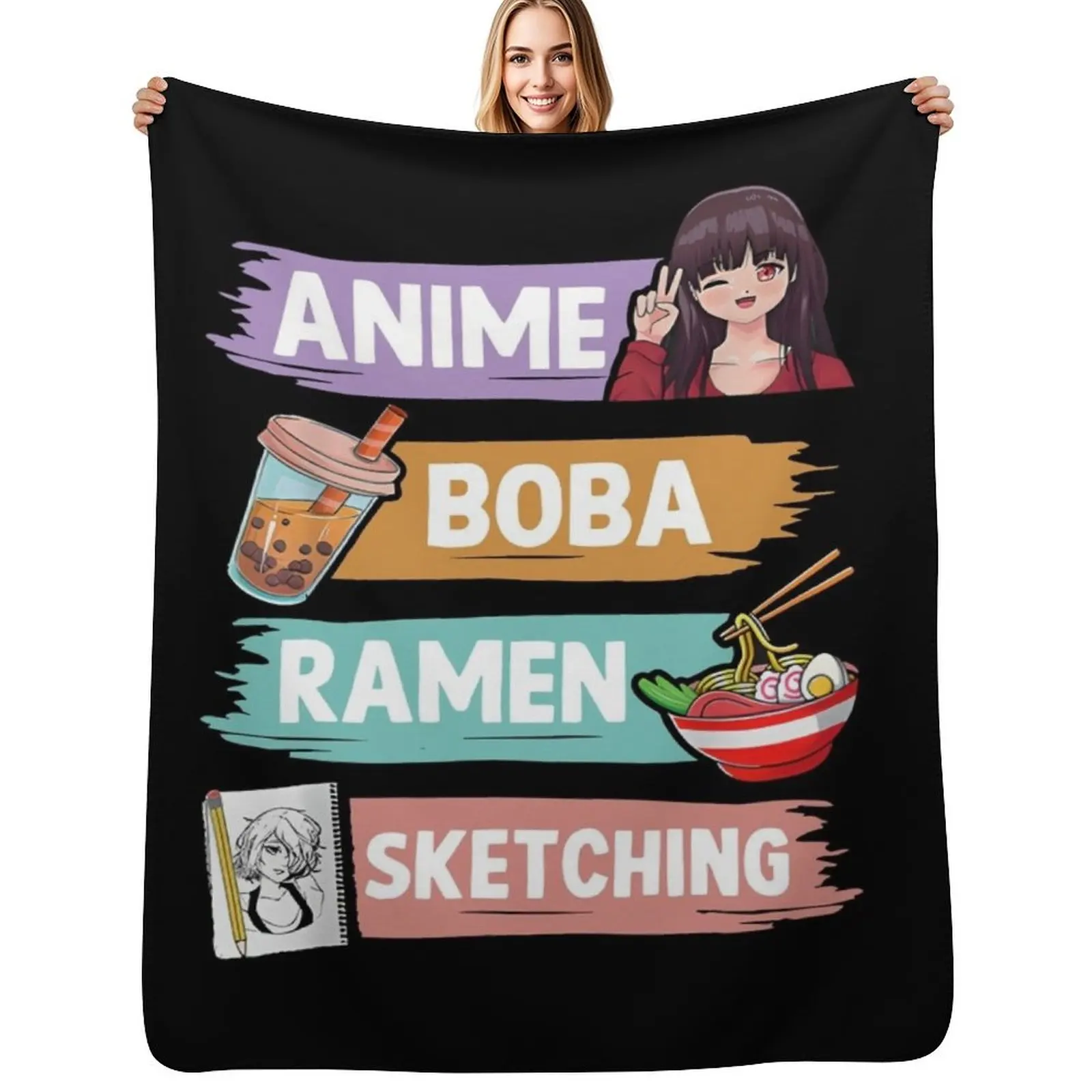 

anime boba ramen sketching otaku kawaii anime girl shirt Throw Blanket Hairy Sofa Throw Bed linens warm for winter Blankets