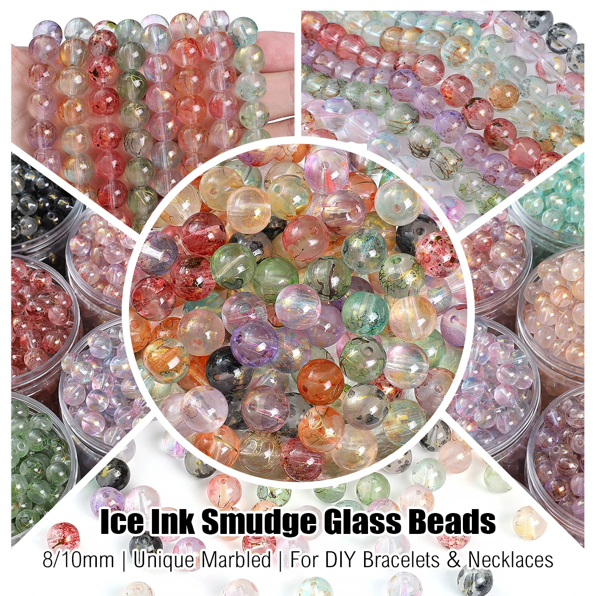 

8-10mm Transparent Glass Ice Ink Smudge Beads - Round DIY Jewelry Beads for Bracelets/Necklaces (30/50pcs Craft Accessories)