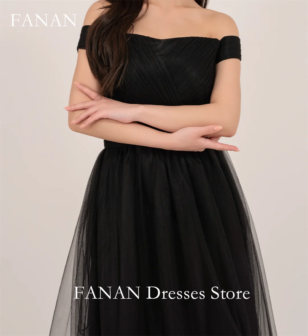 Fanan Korea Off Shoulder Simple Evening Dresses 웨딩드레스  Tulle Simple Black Custom Made A-Line Prom Gowns Plus Size