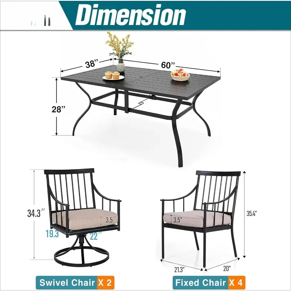 7 Pieces Outdoor Dining Set ,Metal Dining Table,Umbrella Hole& Cushioned Iron Swivel Chairs Furniture Set ,Garden Furniture Sets