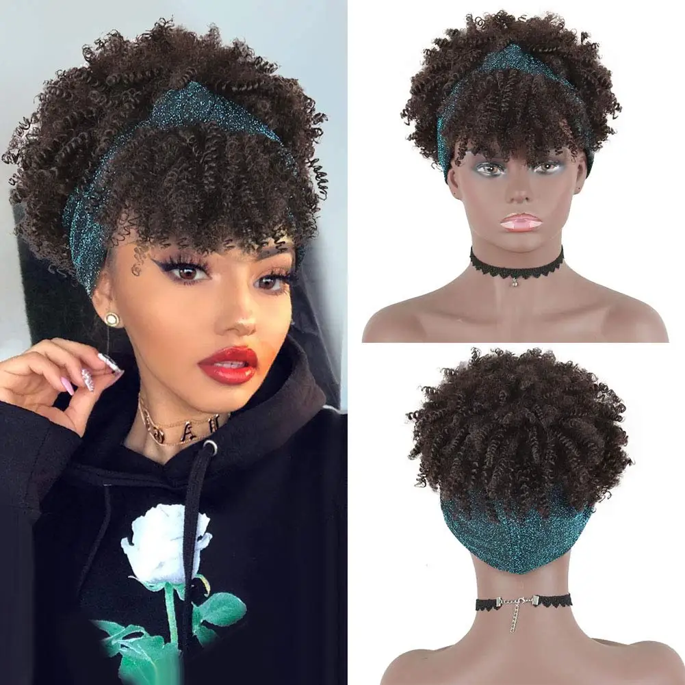 Stirnband Perücken für schwarze Frauen, synthetische kurze Afro verworrene lockige Perücken