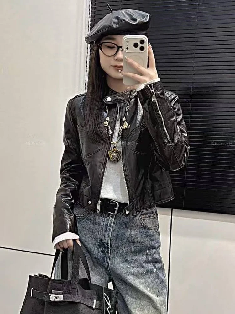 

Ning 2025 New Sle Women's Leather Jaet Genuine eepskin Long Sve Zipper Closure Luxury Feel Small Size Friendly