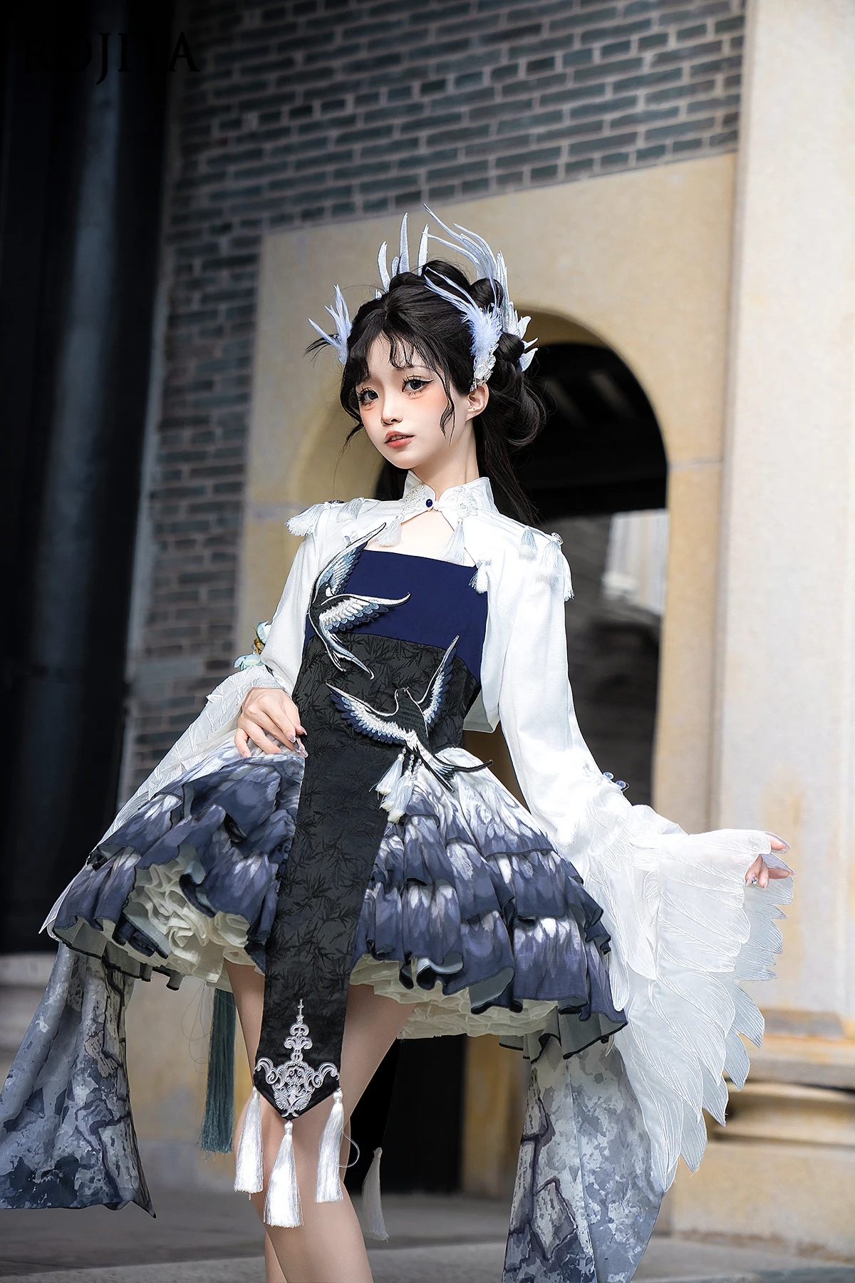 

Lolita Original 2025 Autumn New Blue Feather Sparrow OP Dress Chinese Style Dress Set Womens Top + Strap Dress Two Peice Sets