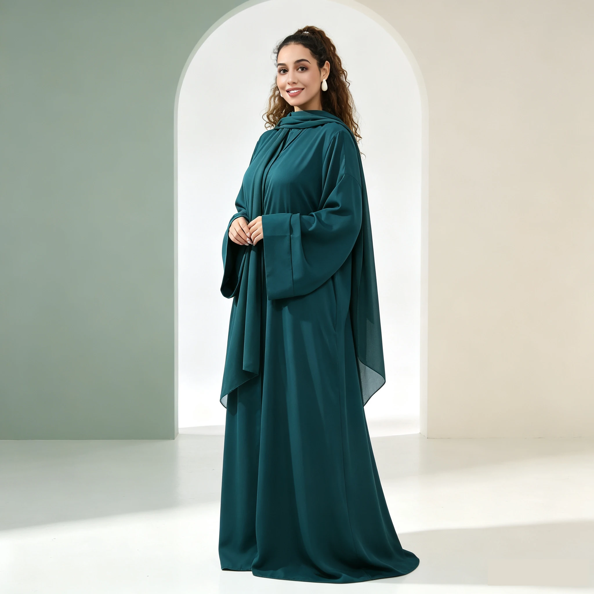 Women Abaya Open Outer Cardigan w/Scarf Dubai Arabic Muslim Eid Ramadan Casual Party Modest Islamic Kaftan Dresses Soild Color