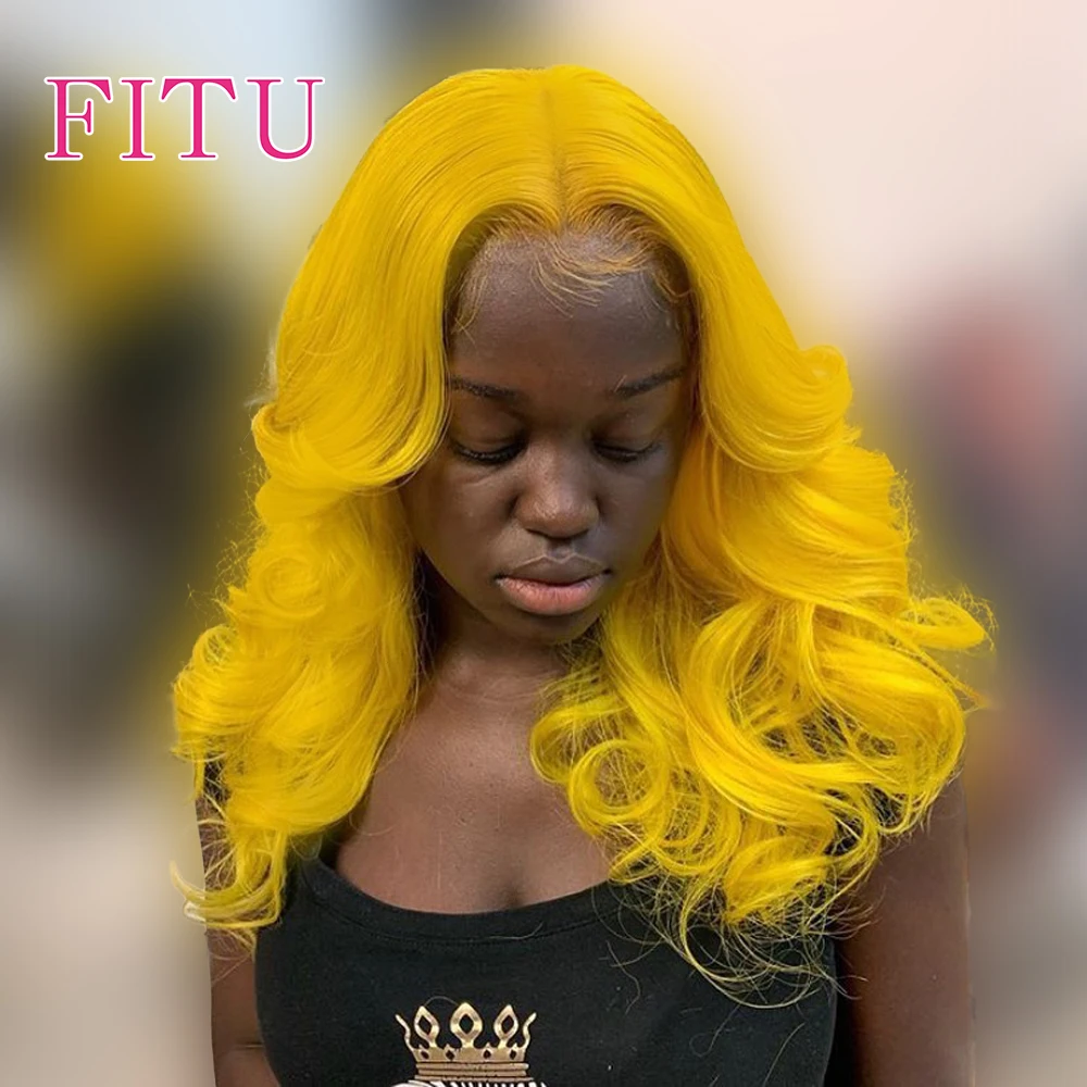 

FITU Yellow Transparent 13x6 13x4 Lace Frontal Human Hair Wig 613 Colored Plucked With Baby Hair 5x5 Lace Closure Wig