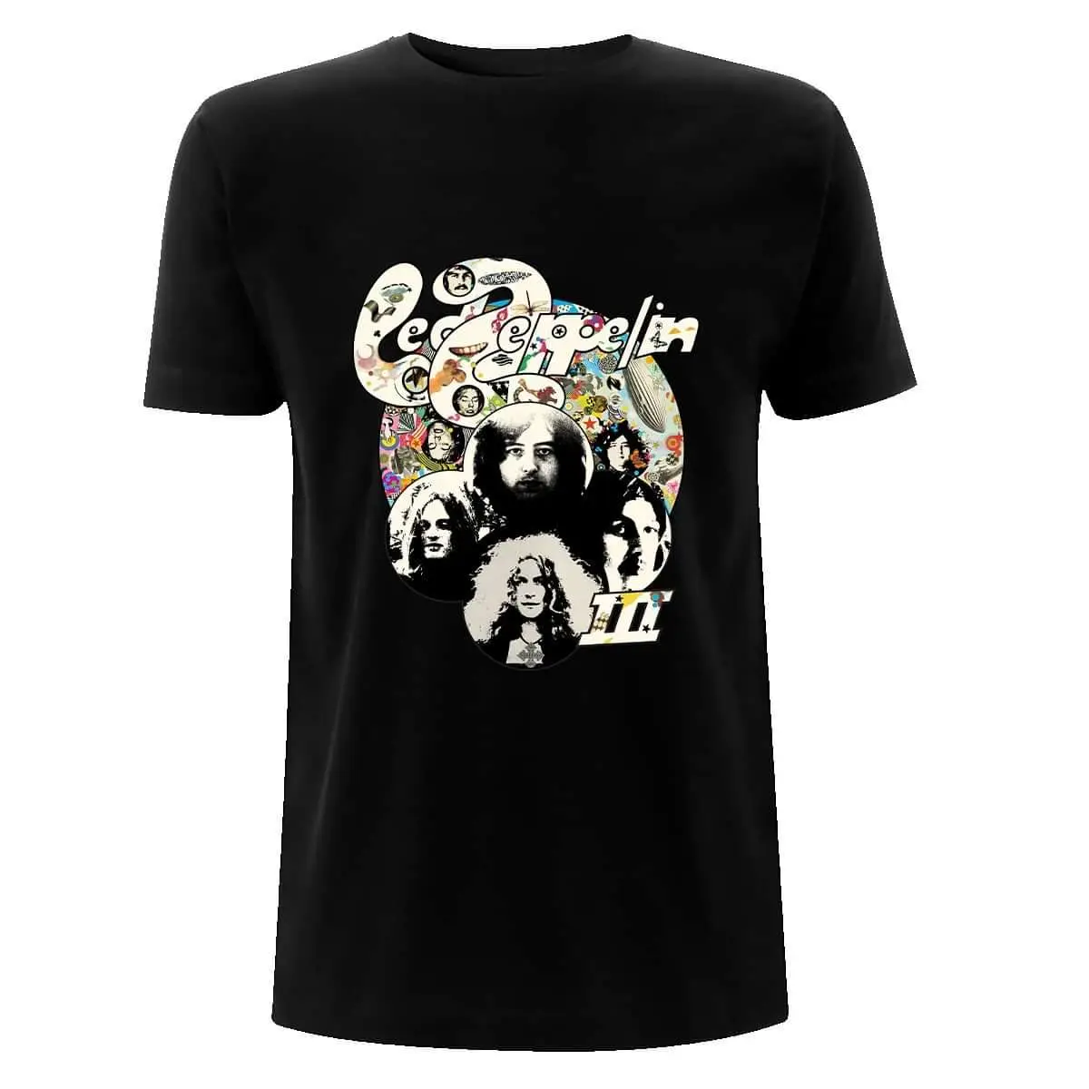 T-shirt con stampa glitterata a quattro simboli Led Zeppelin IV – Abbigliamento iconico in cotone grafico con emblema dei membri dell'album per i fan di Led Zeppelin