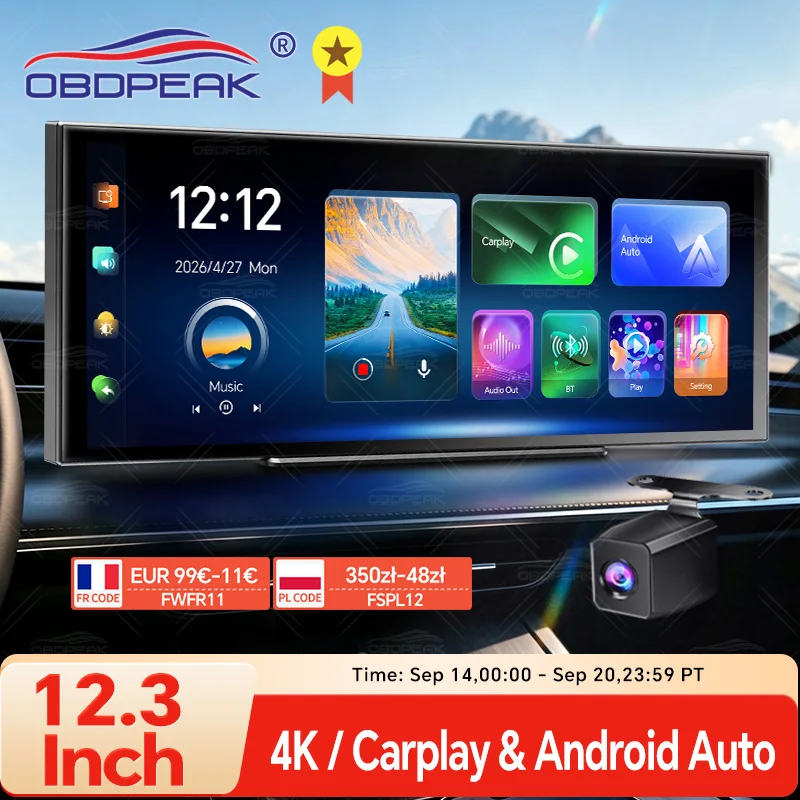 K9 MAX 12.3 Inch Dash Cam 4K Dual Lens Car DVR Wireless Carplay & Android Auto WiFi GPS Navigation Dashboard Video Recording