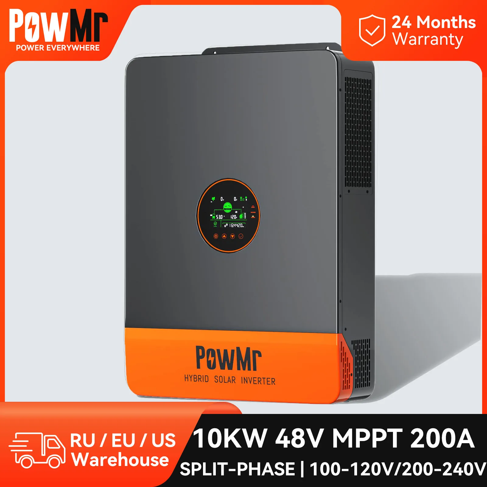 PowMr 2-MPPT 200A Hybrid Solar Inverter 10KW Split-Phase Inverter 48V 100V-120V 220V-240V with Dual Charger Pure Sine Wave