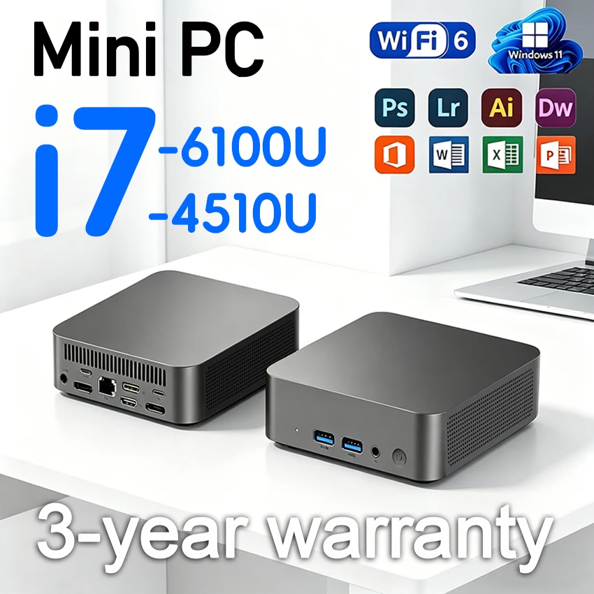 

【Гарантия 3 года】 Мини-ПК с Windows 11, процессором Core i7 4510U/i3 6100U, 16 ГБ оперативной памяти, 1 ТБ SSD, BT5.2, для игр, офиса, учебы, игровой компьютер, настольный ПК
