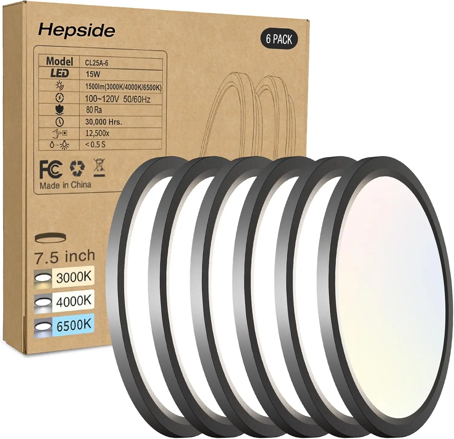 Recesso LED luz de teto, Flush Mount Lâmpada, 3Ct selecionável, 3000K-4000K-6500K, 100W Equivalente, Cozinha Moderna, 6Pack