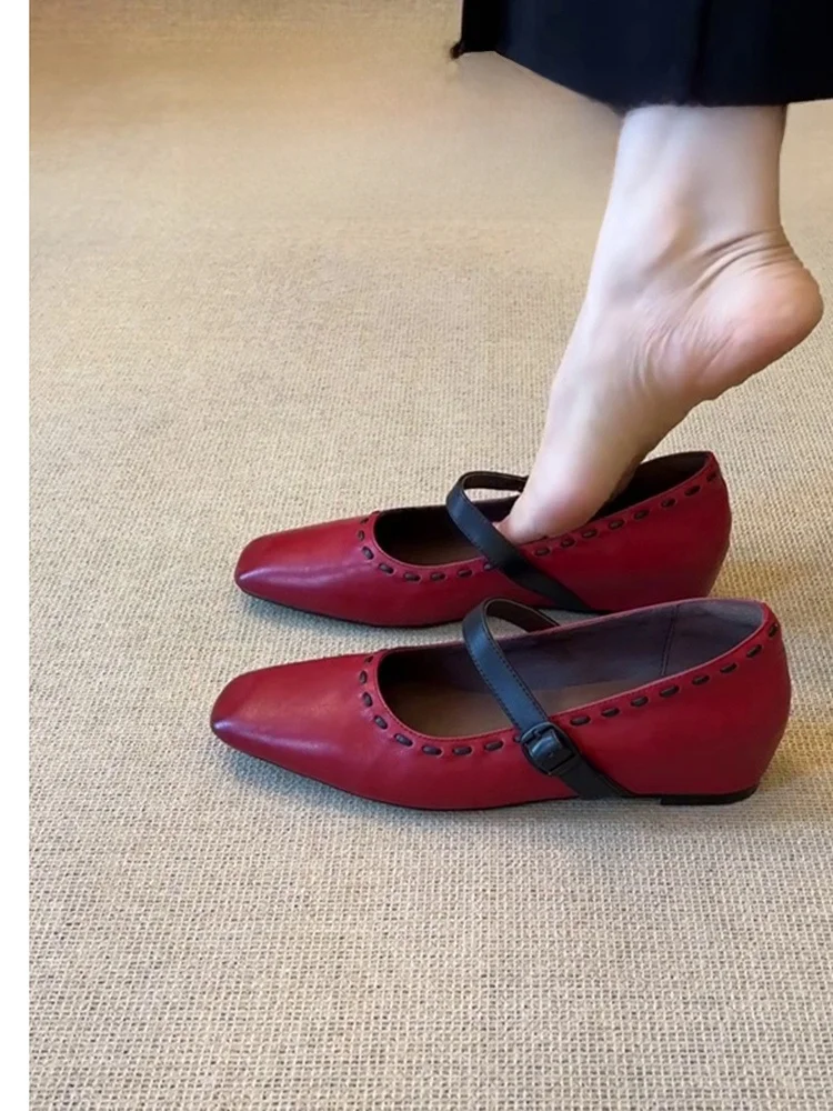 

Red Mary Jane Flat Shoes Women's Slip-On Casual Loafers Vintage Style Leather Lined Anti-Slip Rubber Sole round Toe Flats