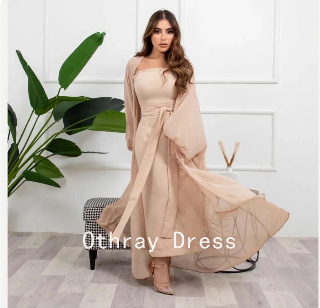 Women's Long Sleeves Prom Dress with Jackets Chiffon Champagne Sheath Wedding Guest Dress Pleated Strapless فساتين سهرات