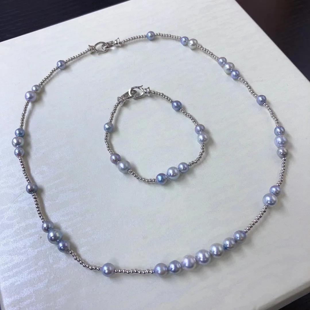 

6-8mm Natural Sea Water Gray Akoya Pearl Necklace Bracelet Jewelry Set 925 Silver Baroque Irregular Pearl Jewelry Set for Women