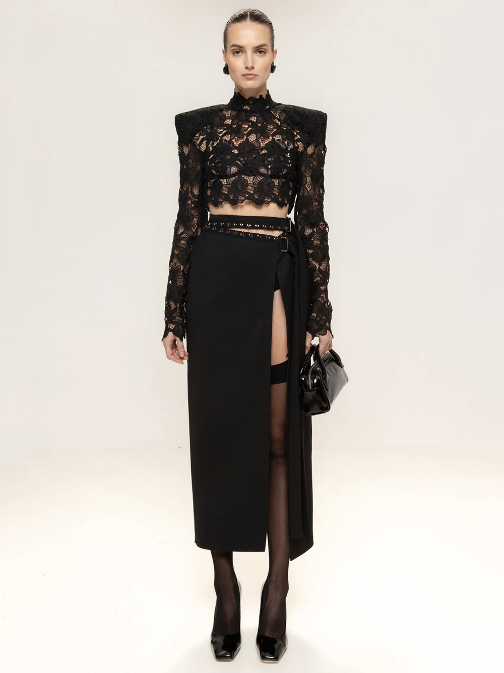 Dark Style High-end Lace Suit With Stand Collar And Shoulder Pads Short Top+high Slit Hip Hugging Skirt Feminine Style