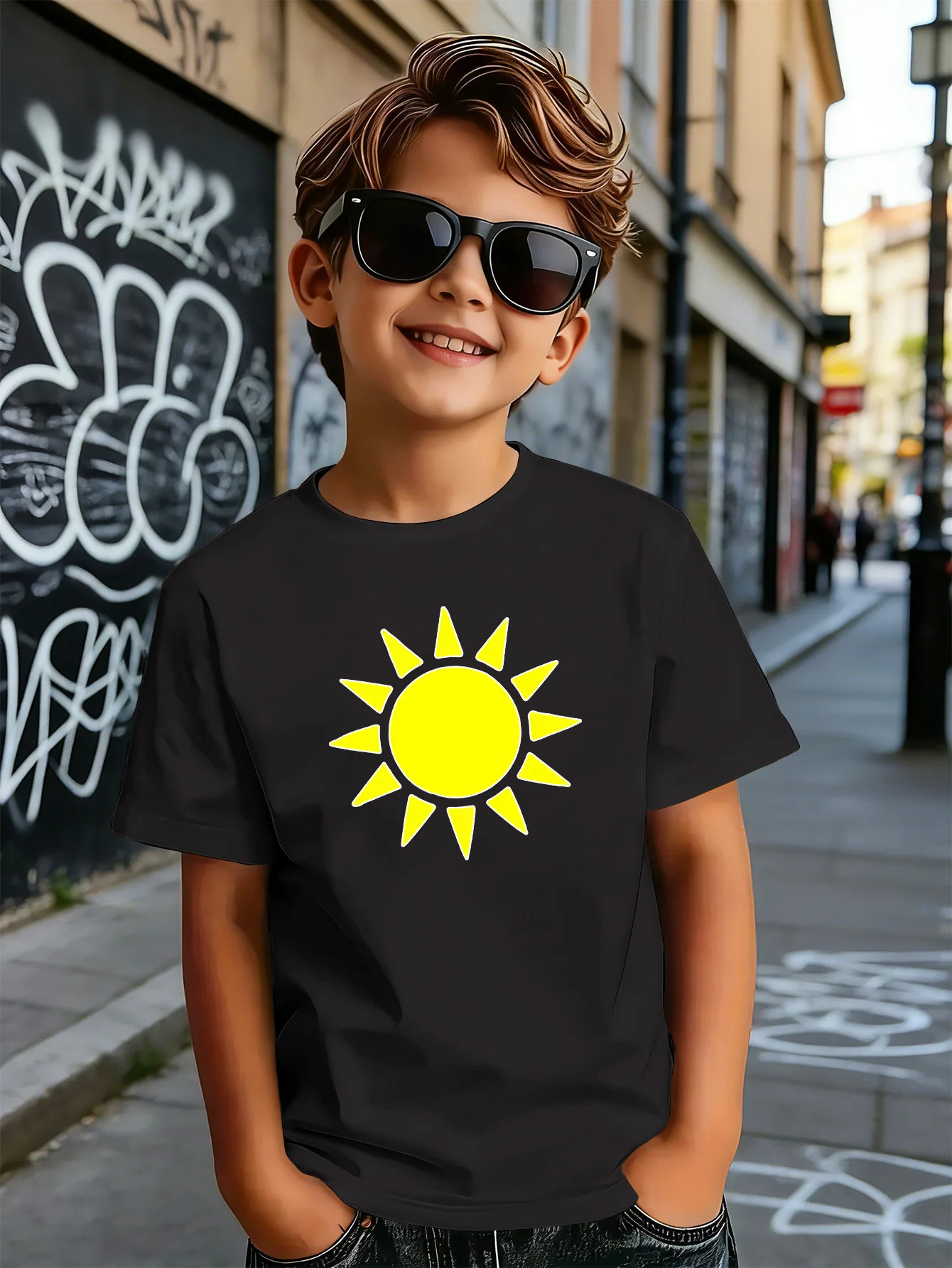 Bright Yellow Simple Sun Graphic Print Boys Girls Family Matching Cotton Short Sleeve Crew Neck Soft Summer Kids Casual Tees