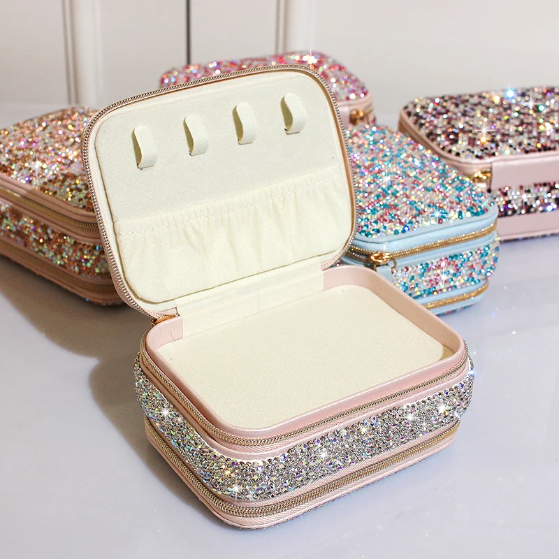 Diamond-set Double Zipper Jewelry Portable Storage Box With Mirror Ring Earrings Necklace Rhinestones Case Lipstick Makeup