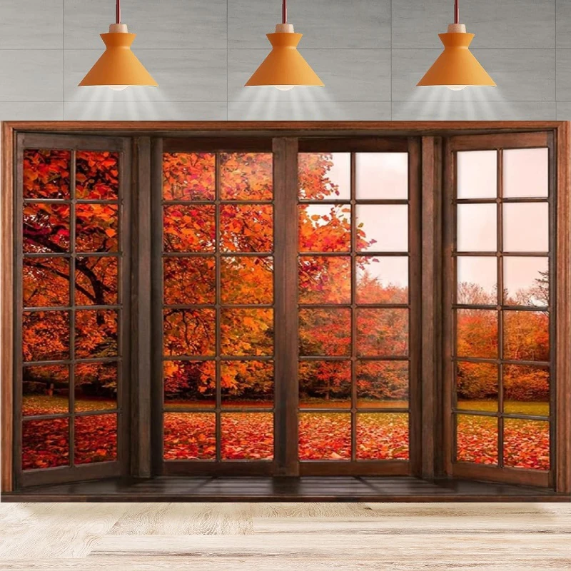 Full Maple Scenery Photography Backdrop Autumn Wood Windowsill View Interior Studio Background Party Backdrop Wall Banner Decor