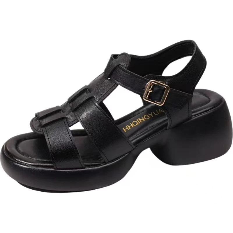 

Женские сандалии из натуральной кожи на толстом каблуке с открытым носком, летние, новые, на толстой подошве, нескользящие, с вырезами, на липучке, пляжные, современные