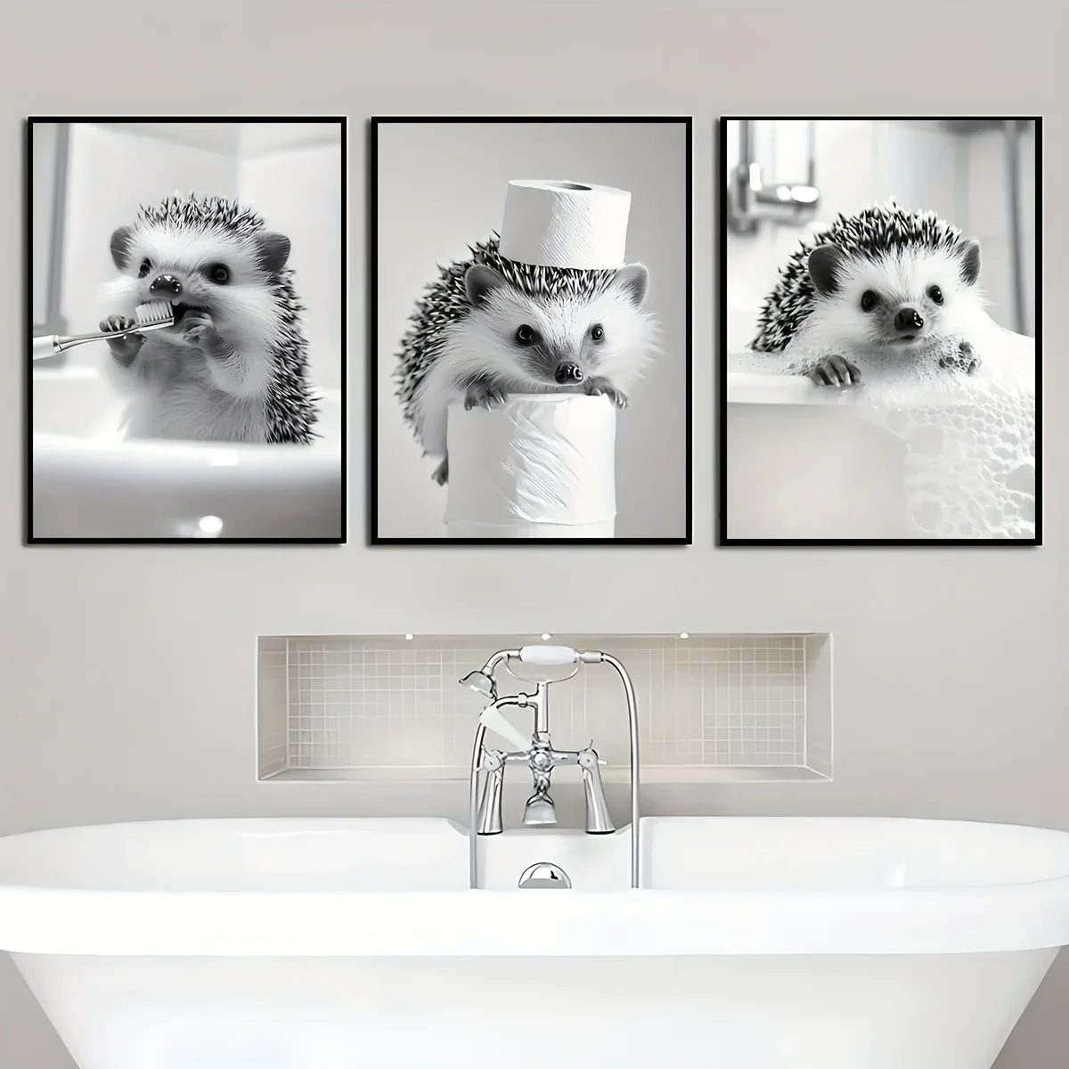 Multiple sizes 3pcs frameless Canvas Painting 3pcs Frameless Retro black and white fun animal art poster,bathroom hedgehog Canva