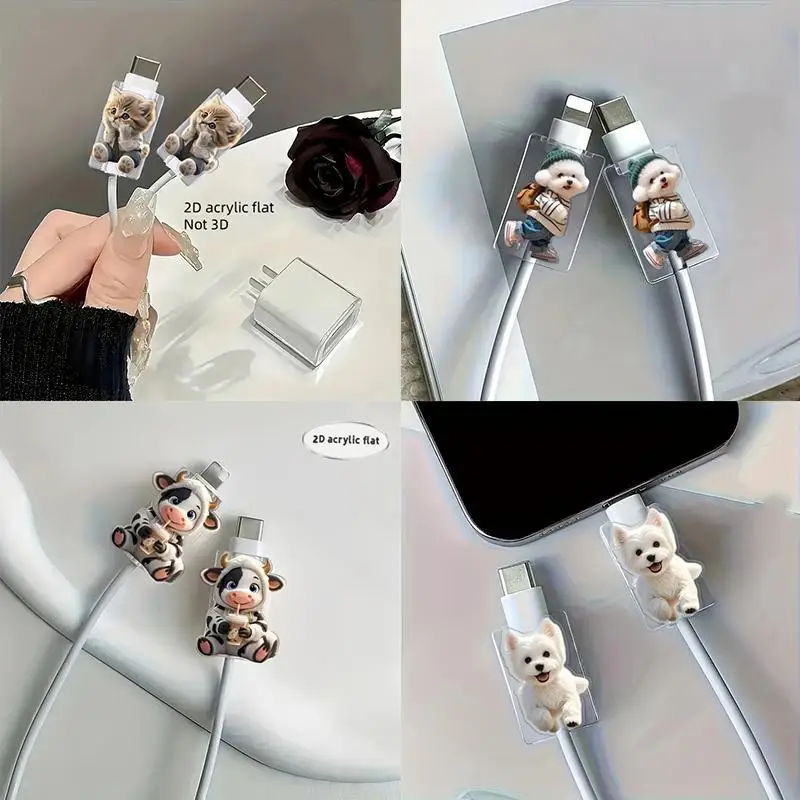 2Pcs Animal 2D Acrylic Cartoon Cat-Shaped Data Cable Protectors, Suitable for Type-C/Charging Interface to Prevent Charging Cab