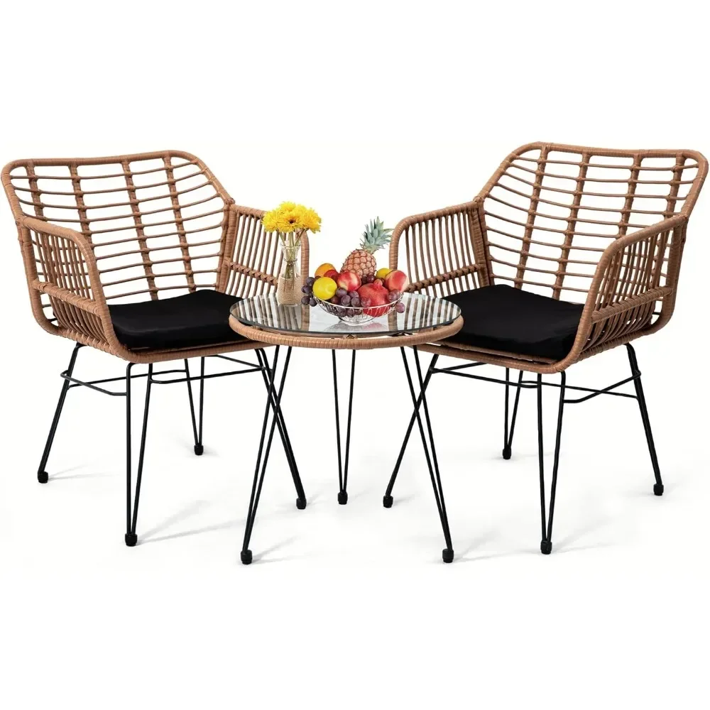 

3 Pieces Wicker Patio Bistro Furniture Set, includes 2 Chairs and Glass Top Table, Ideal for Porch, Outdoor, Backyard, Apartment