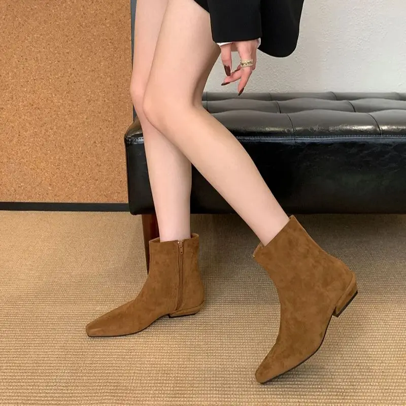 

Brown Shoes Low Heeled Boots Woman Square Toe Zipper Casual Ankle Boots Black Suede Ladies Shoes Botas De Mujer
