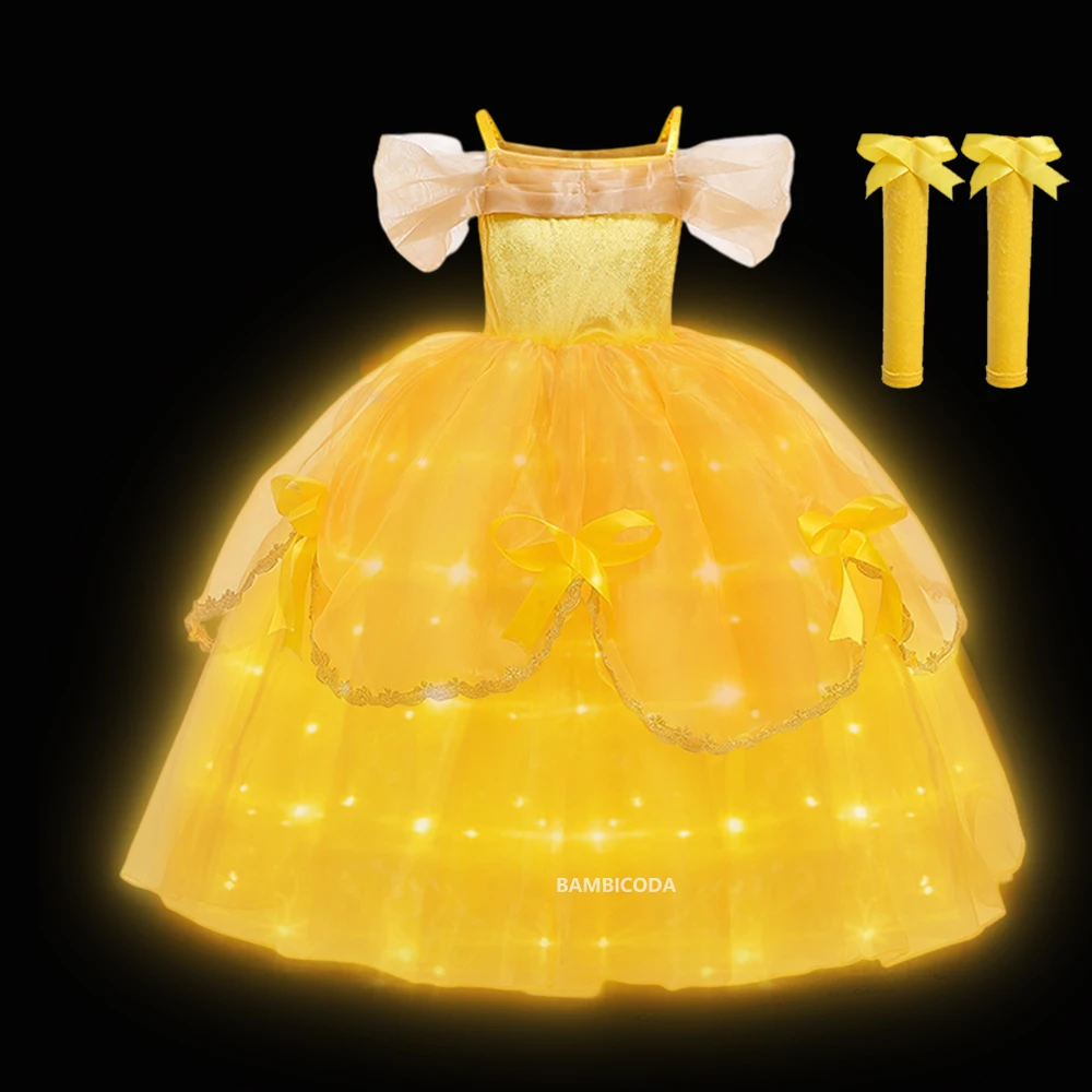 Girl Belle Dress Up Floral Children Party Princess Costume LED Light Kids Beauty and The Beast Halloween Carnival Kids' dresses