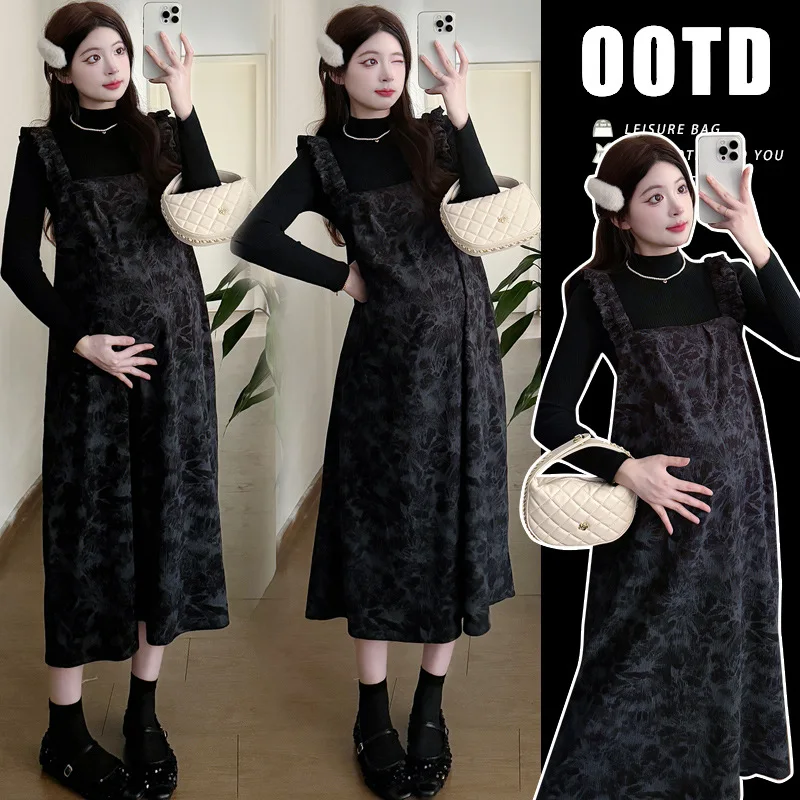 

French Style Maternity Set Floral Print Overalls Dress with Loose Top Two Piece Elegant Belly Cover Outfit for Pregnant Women