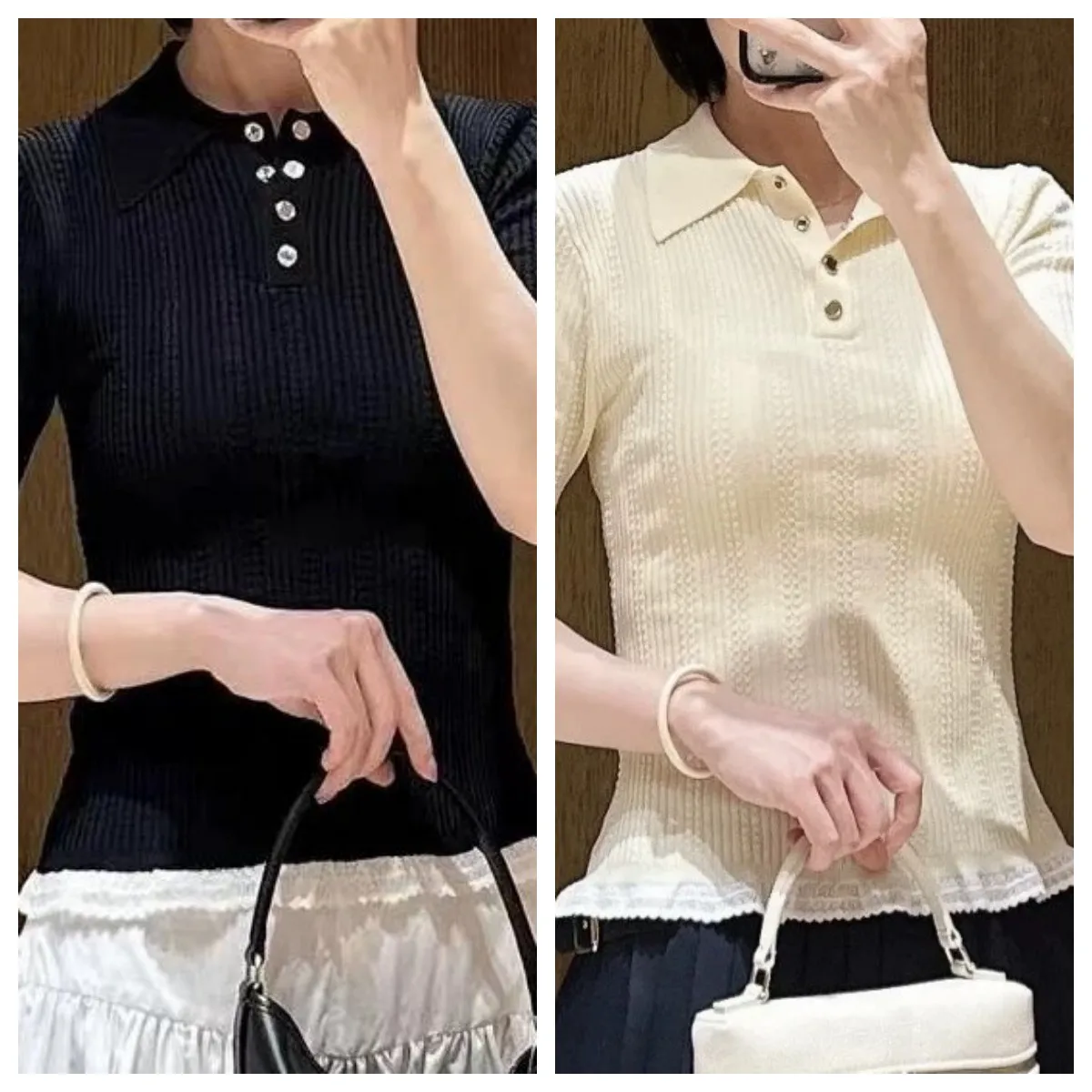 

Hem Lace Stitching Women Turn-Down Collar Slim Twist Knit Sweater Short Sleeve Ladies Stretch Pullover 2026 Spring