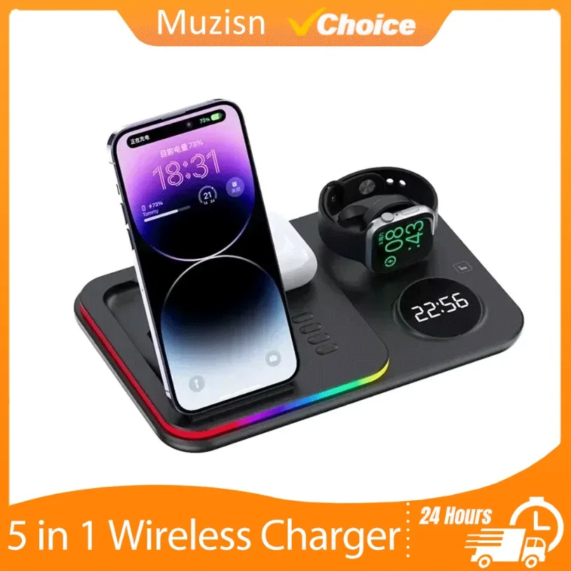 

30 Вт 5 в 1 подставка для беспроводного зарядного устройства, станция быстрой зарядки, док-станция, будильник для iPhone 12-16 iWatch, Samsung Galaxy Watch