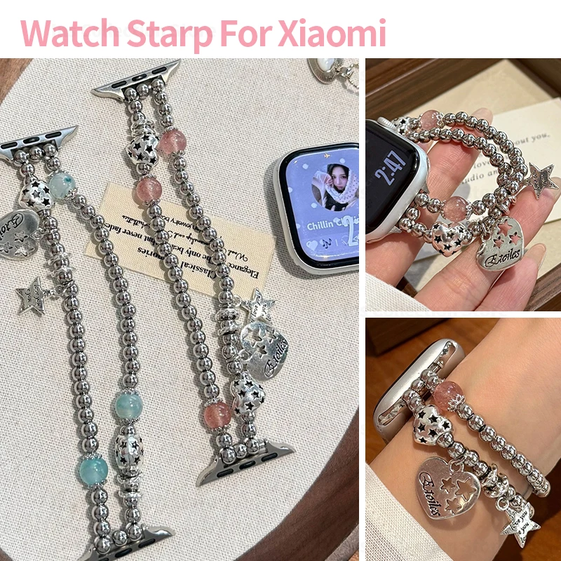 Double‑Layer Beaded Bracelet Strap for Xiaomi Mi 8 9 10 11 8Pro S345 Star Heart Jewelry Wrist Band for Redmi Watch 4 5 6 6Active