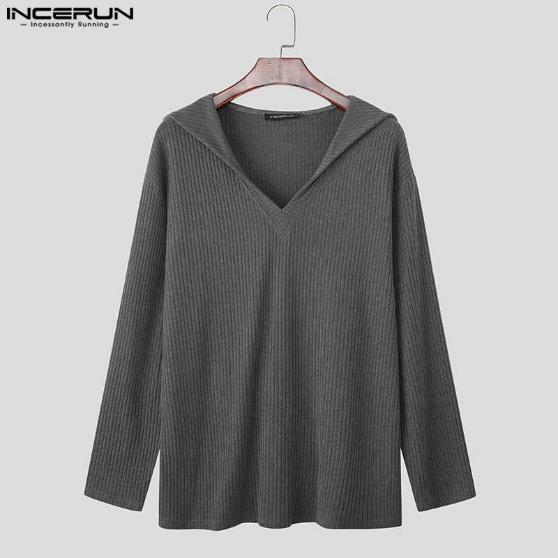 

INCERUN Men Sweater Solid Color Knitted Navy Collar Long Sleeve Male Pullovers Streetwear 2025 Fashion Casual Men Clothing S-5XL