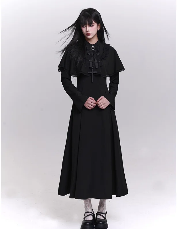 Autumn Winter Fashion High Waist Gothic Japanese Lace-up Black Dress Stand-up Collar Versatile Personality Long-sleeved Dresses