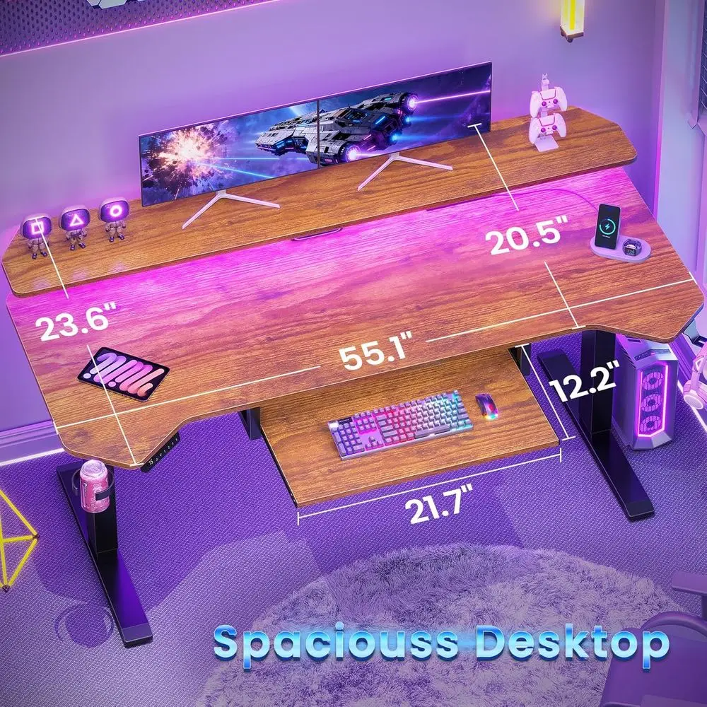 LED-lit Rustic Brown Standing Desk with Power Strip, Monitor Stand, and Keyboard Tray for Gaming and Small Spaces