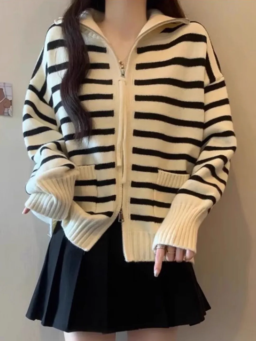

Женский вязаный кардиган-пальто с полосатым узором, двойной молнией, воротником-стойкой, из мягкой шерсти, для осени и зимы, новинка