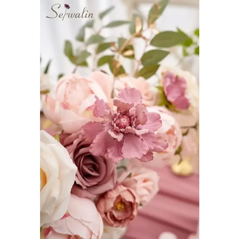2 قطعة الزهور الاصطناعية الوردي كعكة الزفاف الزهور ، وهمية الورود المغبرة الفاوانيا لباقات الجدول المركزية ديكور منزلي للزفاف ، #6