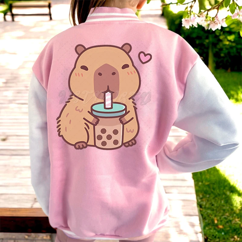 

Kids' Pink Bomber Jacket Cute Capybara Love Boba Tea Print Fashion Casual Girl Clothing Kawaii Tea Animal Gift Baseball Uniform