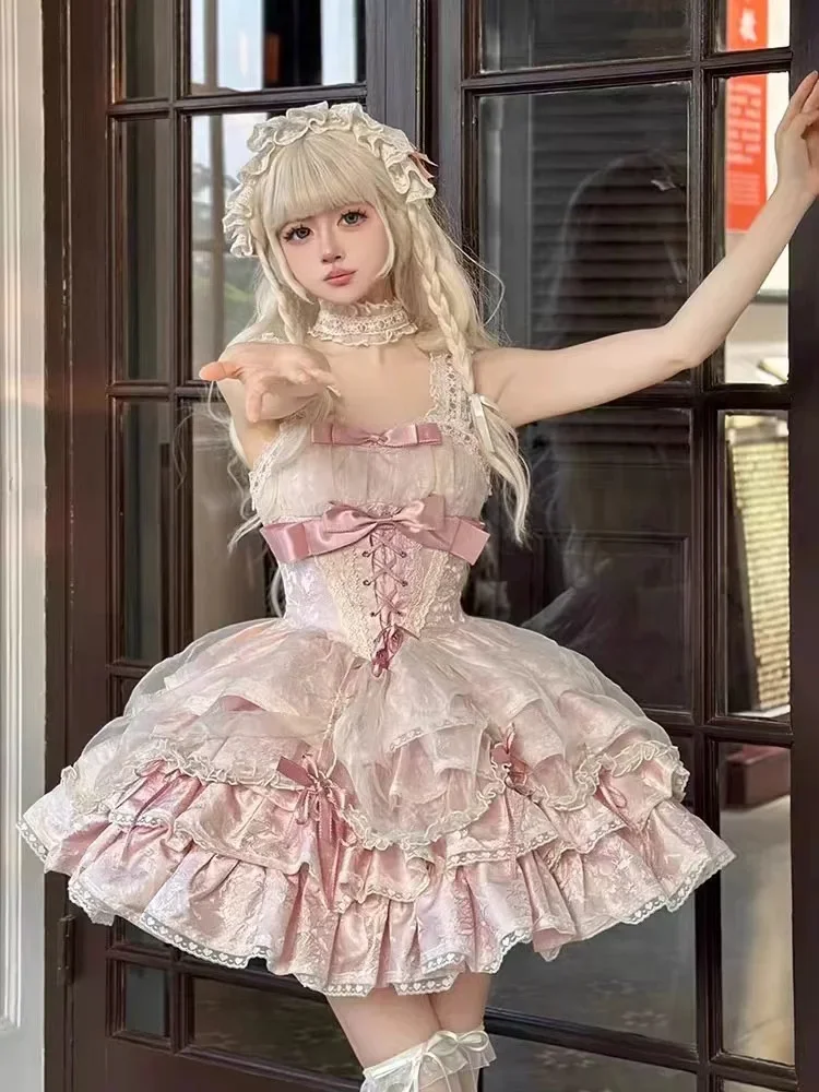 Gaun Jsk Lolita manis Jepang gaun tali putri ikatan simpul renda elegan Vintage wanita Kawaii baju Harajuku Y2k Hot Sellin