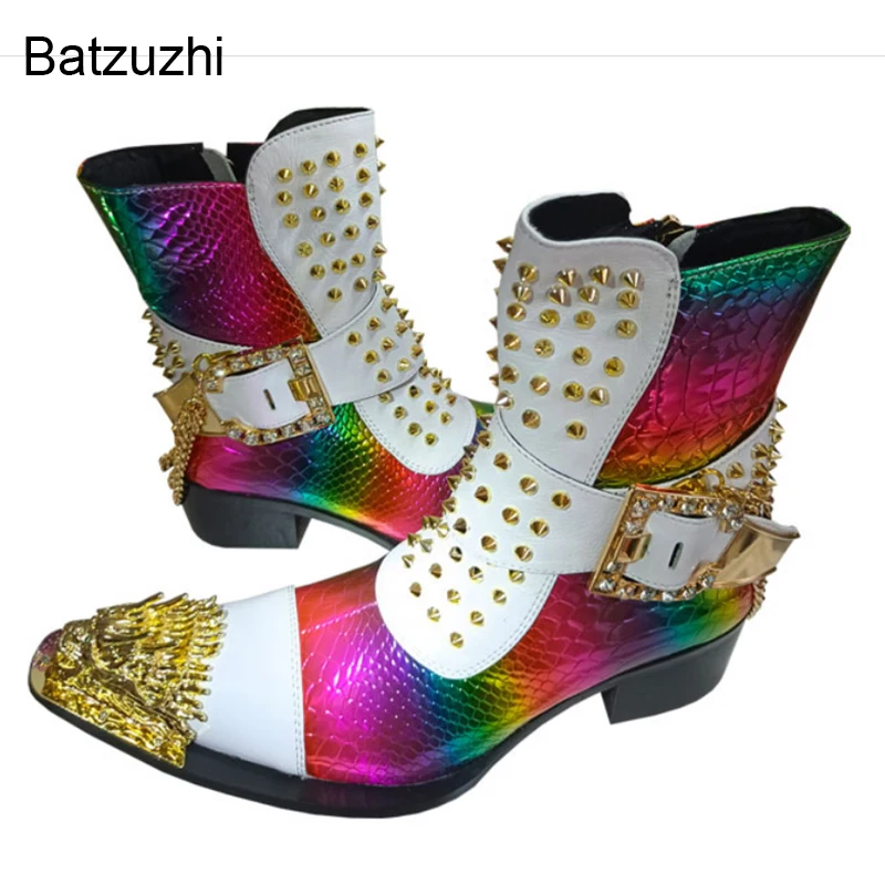 

Batzuzhi Handmade Luxury Boots Men Metal Toe Rivets Genuine Leather Ankle Men's Boots with Chains Motorcycle/Biking/Party Boots