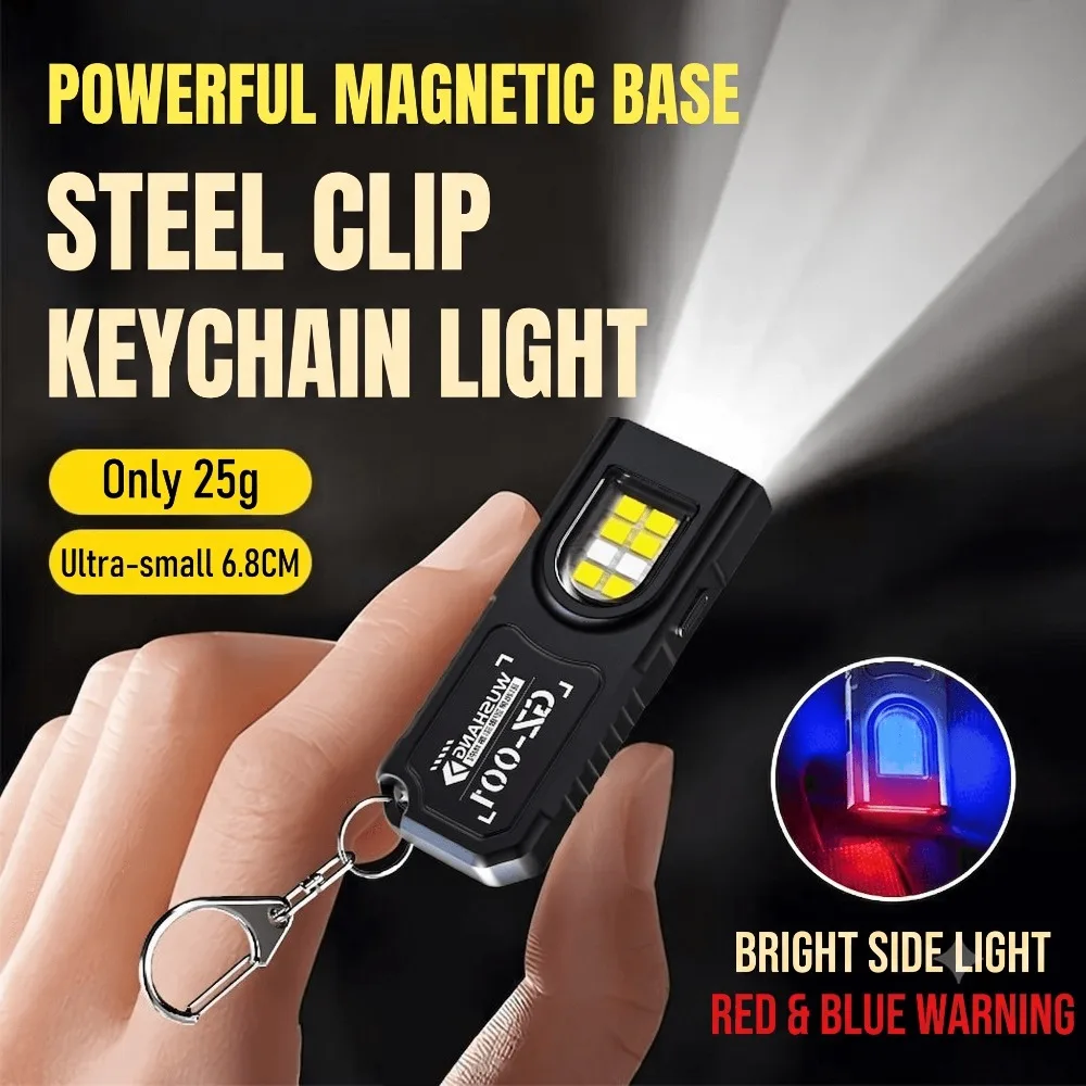 LED Flashlight, Magnetic Base USB Charging Work Light with Keychain Clip, Portable Camping Hiking Emergency Lamp, Compact Gift