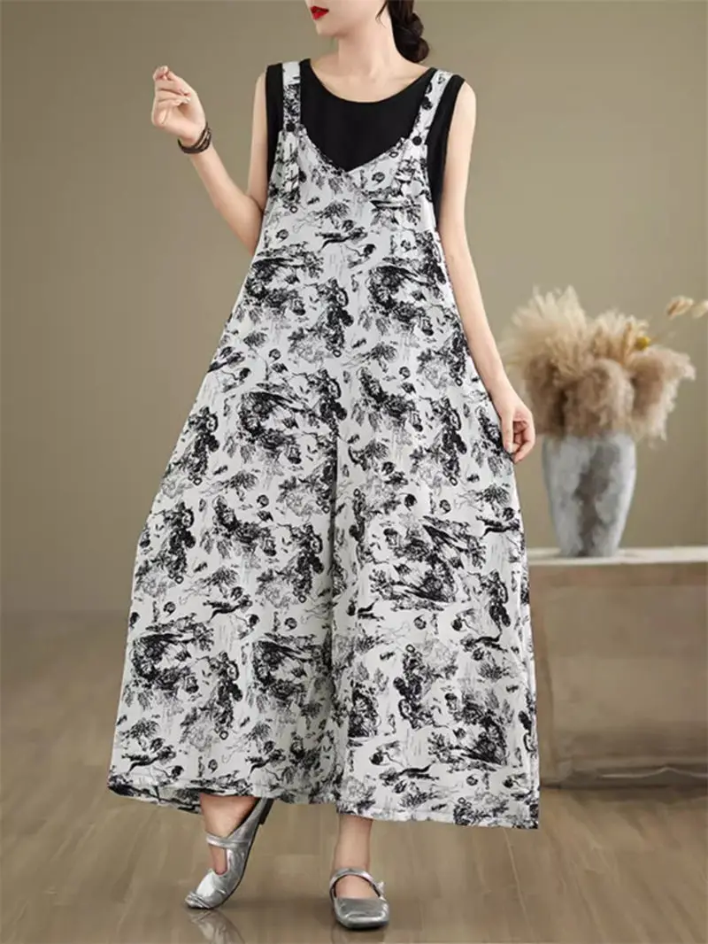 Ink Painting Jumpsuit Versatile Shoulder Strap Pants 2024 Summer Loose Oversized Chinese Style Wide Leg Trousers For Women K1674